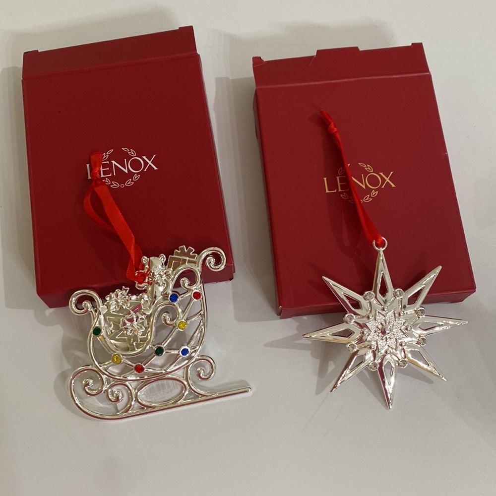 2 Lenox Silver Christmas Ornaments. Sparkle and Scroll, Silver Gems Clear star